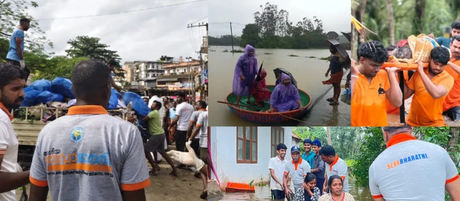 Seva Bharati volunteers assisting in flood-hit Kerala