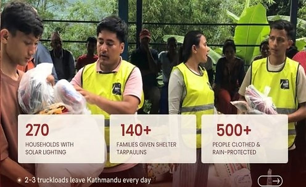 Sewa International Nepal volunteers with relief supplies in Nuwakot